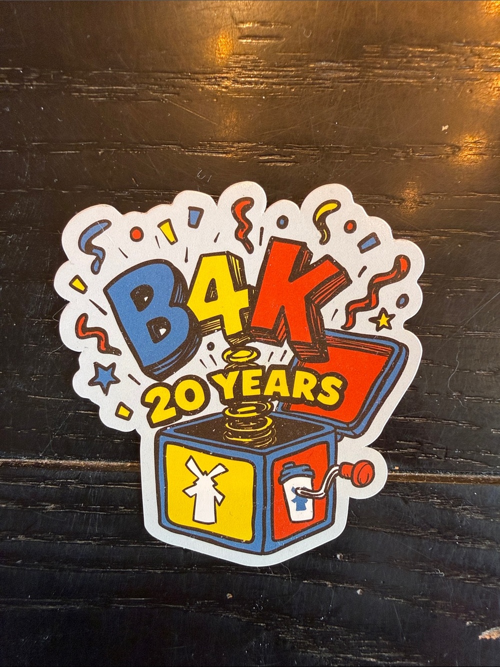 Dutch Bros B4K 20 Years Sticker - Blue, Yellow, Red